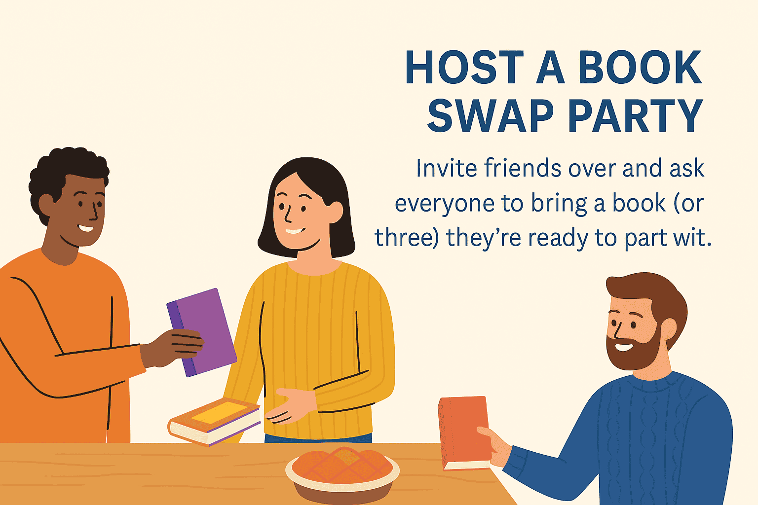 Flat digital illustration showing a cookbook with a tomato on the cover, a wooden spoon, and a freshly baked pie on a wooden surface, alongside the text “Try a Literary Recipe – Cook or bake something inspired by your favorite book.”