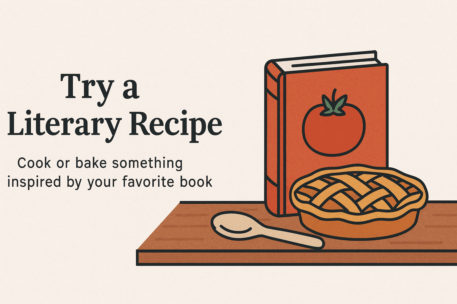 Flat digital illustration showing a cookbook with a tomato on the cover, a wooden spoon, and a freshly baked pie on a wooden surface, alongside the text “Try a Literary Recipe – Cook or bake something inspired by your favorite book.”