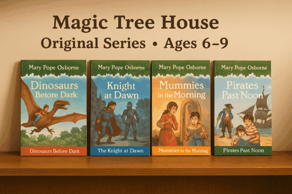 Four Magic Tree House books by Mary Pope Osborne on a wooden shelf, including Dinosaurs Before Dark, The Knight at Dawn, Mummies in the Morning, and Pirates Past Noon, recommended for ages 6–9.