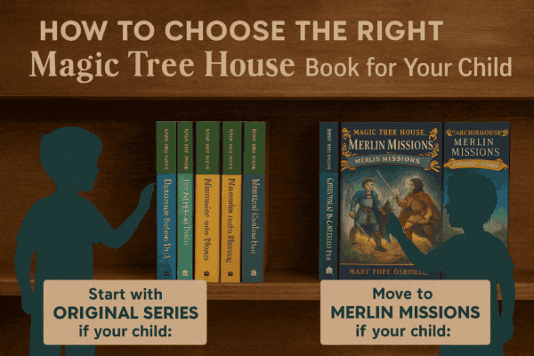 A digital infographic guide titled "How to Choose the Right Magic Tree House Book," showing pathways for readers to pick between the original series, Fact Trackers, or Merlin Missions depending on age and interests.