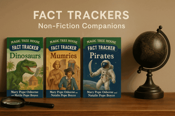 Four Magic Tree House Fact Tracker books—Dinosaurs, Mummies, Pirates, and Space—by Mary Pope Osborne and Natalie Pope Boyce displayed on a wooden shelf beneath the text “FACT TRACKERS • Non-Fiction Companions,” with a globe and magnifying glass beside them.