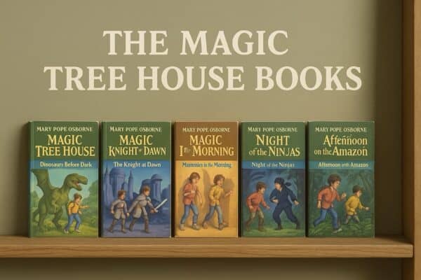 Six Magic Tree House books by Mary Pope Osborne lined up on a wooden shelf, including Dinosaurs Before Dark, The Knight at Dawn, and Mummies in the Morning.
