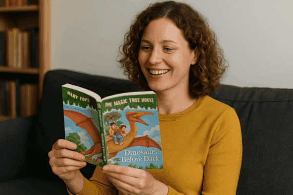 An adult woman sitting comfortably in a cozy chair, smiling as she reads a Magic Tree House book, showing that the series can be enjoyed by readers of all ages.