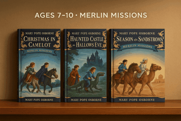 Three Magic Tree House Merlin Missions books by Mary Pope Osborne on a wooden shelf, including Christmas in Camelot, Haunted Castle on Hallows Eve, and Season of the Sandstorms, recommended for ages 7–10.